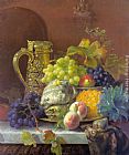 Fruits on a tray with a silver flagon on a marble ledge by Eloise Harriet Stannard